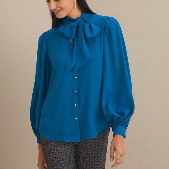 Chico’s Long-Sleeve Crepe Tie-Neck Blouse NEW! - Picture 5 of 12